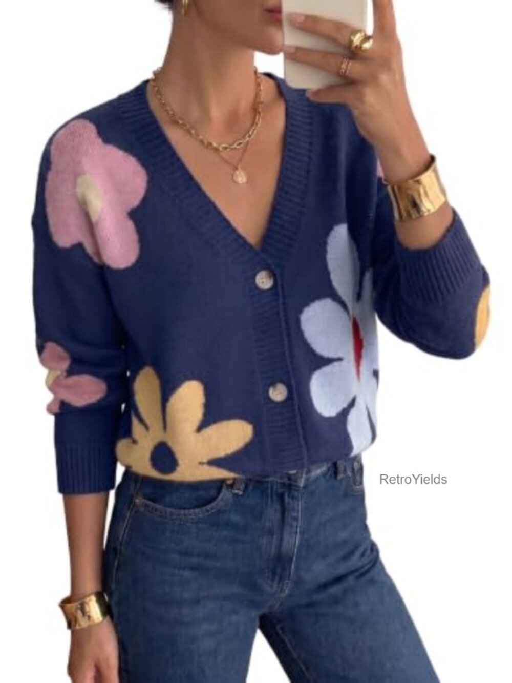 Dokotoo Floral Knit Cardigan Button Down V-Neck Loose Fit Long Sleeve Women's